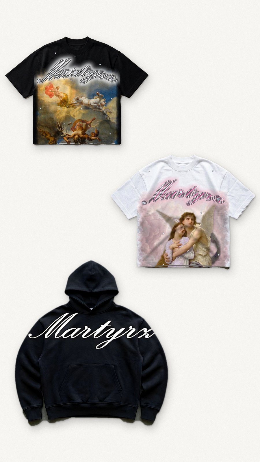 Icarus tee, Psyche tee and hoodie on white